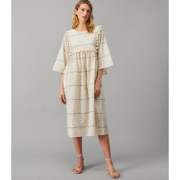 NWT TORY BURCH Striped Caftan Tassels Ivory Duchess Midi Dress‎ Size Medium - Picture 11 of 11